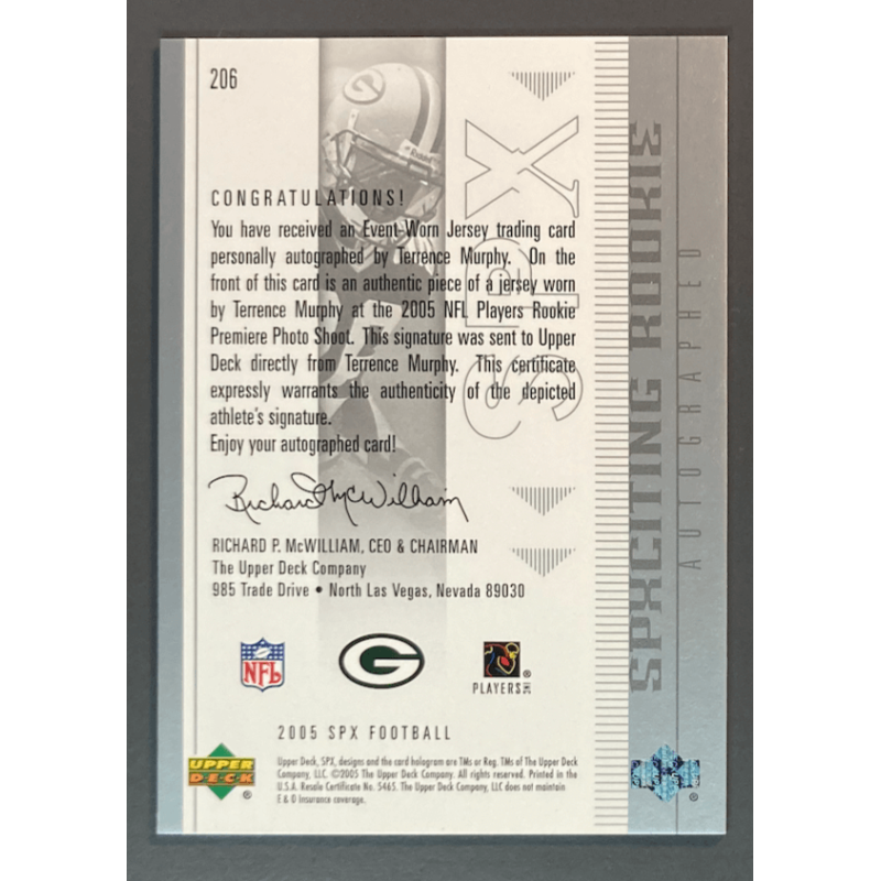 carte NFL TERRENCE MURPHY 2005 SPx Rookie Jersey Autograph