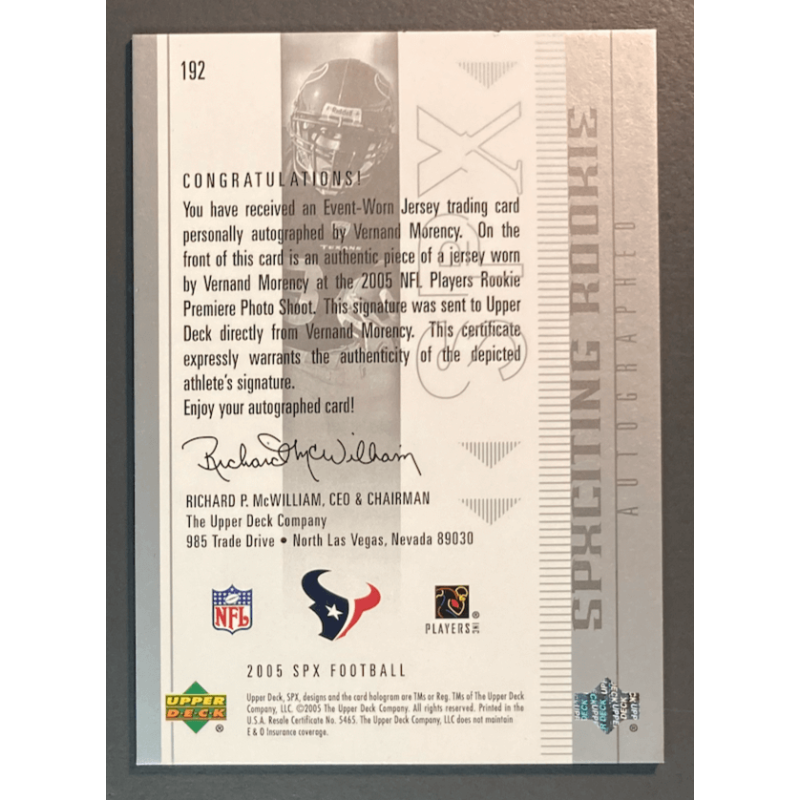 carte NFL VERNAND MORENCY 2005 SPx Rookie Jersey Autograph