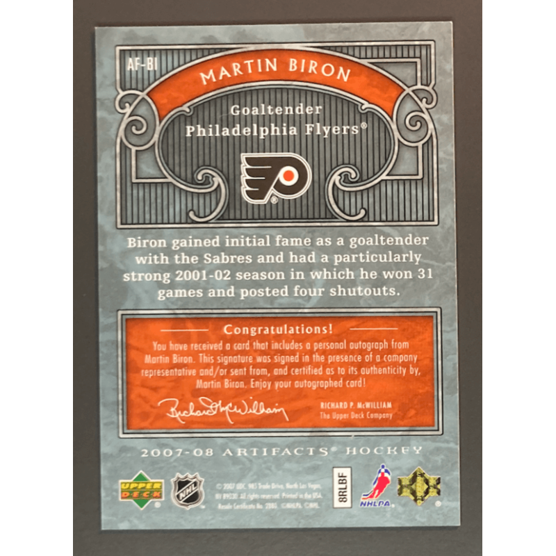 NHL card MARTIN BIRON 2007-08 Upper deck Artifacts Auto-facts