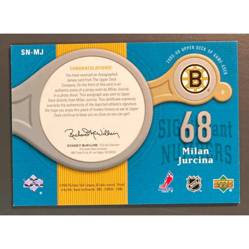 carte NHL MILAN JURCINA 2005-06 SP Game Used Jersey Autograph /68