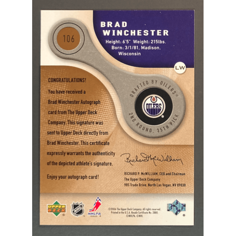 carte NHL BRAD WINCHESTER 2005-06 SP Game Used Rookie Auto /5