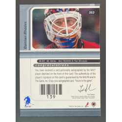 carte NHL DAMIAN RHODES 2002-03 BAP Signature Series Autograph