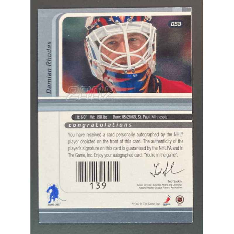 carte NHL DAMIAN RHODES 2002-03 BAP Signature Series Autograph