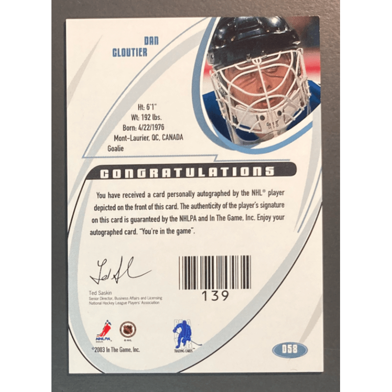 NHL card DAN CLOUTIER 2002-03 BAP Signature Series Autograph Gold
