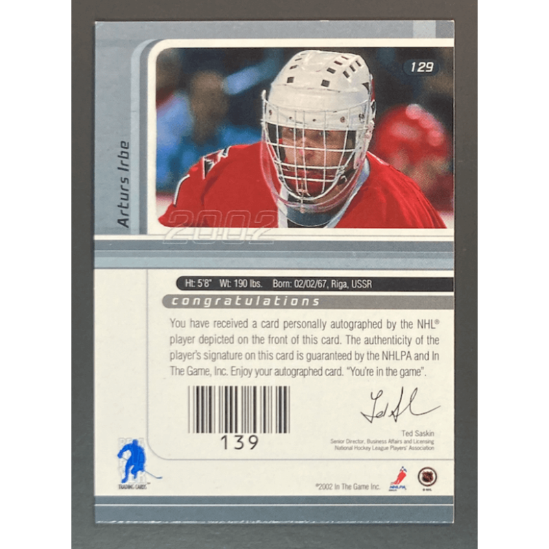 carte NHL ARTURS IRBE 2001-02 BAP Signature Series Autograph