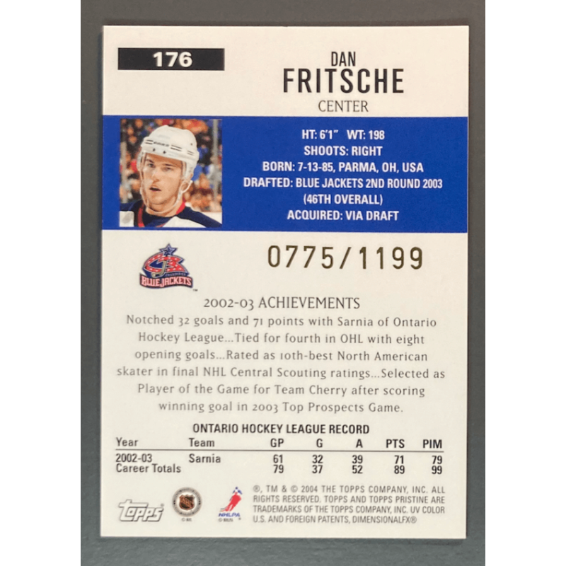 carte NHL DAN FRITSCHE 2003-04 Topps Pristine Rookie 0775/1199