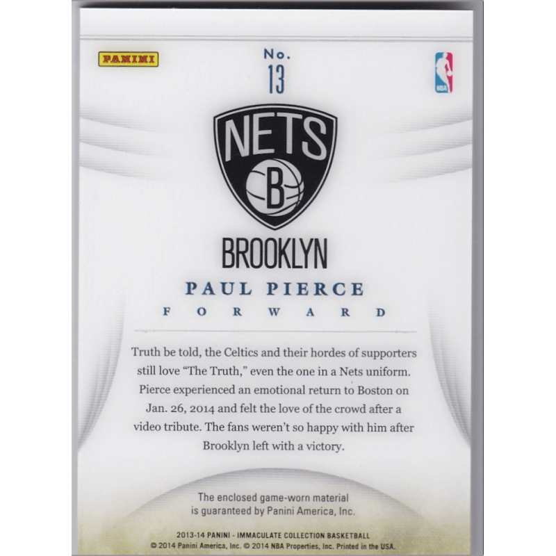 carte NBA PAUL PIERCE 2013 PANINI IMMACULATE PATCH 22/34