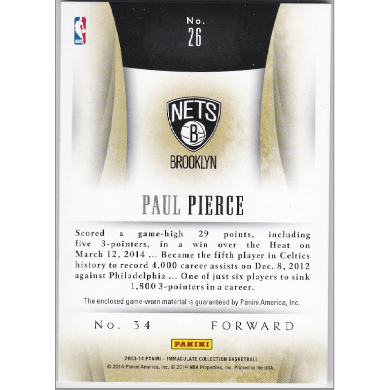 carte NBA PAUL PIERCE 2013 PANINI IMMACULATE TEAM Patch 1/6