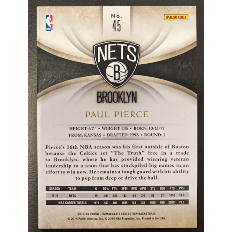 carte NBA PAUL PIERCE 2013 PANINI IMMACULATE 1/1