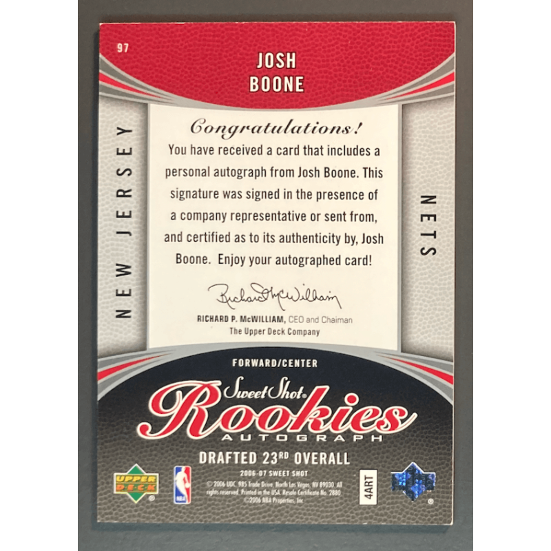JOSH BOONE 2006-07 UD SWEET SHOT ROOKIES AUTO 499/799