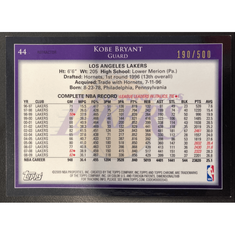 carte NBA KOBE BRYANT 2009 TOPPS CHROME REFRACTOR 190/500