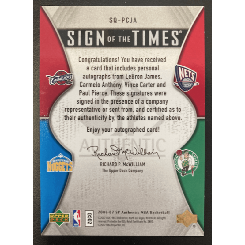 LEBRON JAMES / ANTHONY / CARTER / PIERCE 2006 UPPER DECK SP AUTHENTIC AUTO 1/5