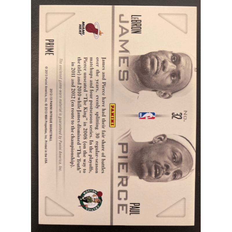 LEBRON JAMES / PAUL PIERCE 2012 INTRIGUE INTRIGUING PAIRS DUAL PATCHES 3/5