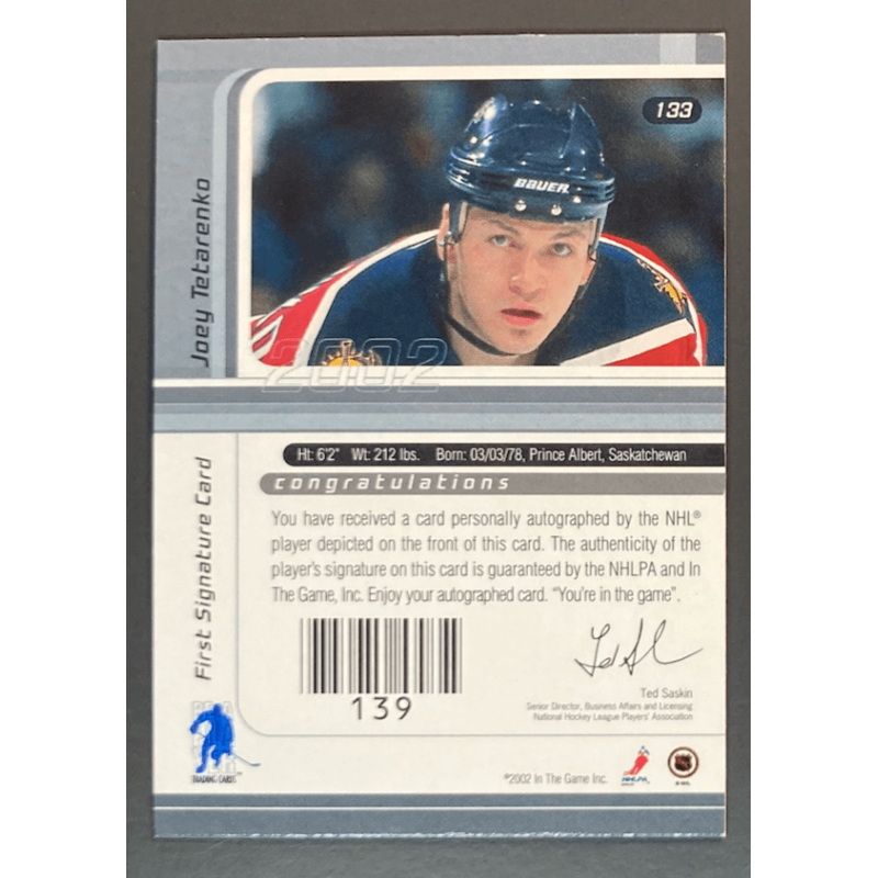 carte NHL JOEY TETARENKO 2001-02 BAP Signature Series Autograph