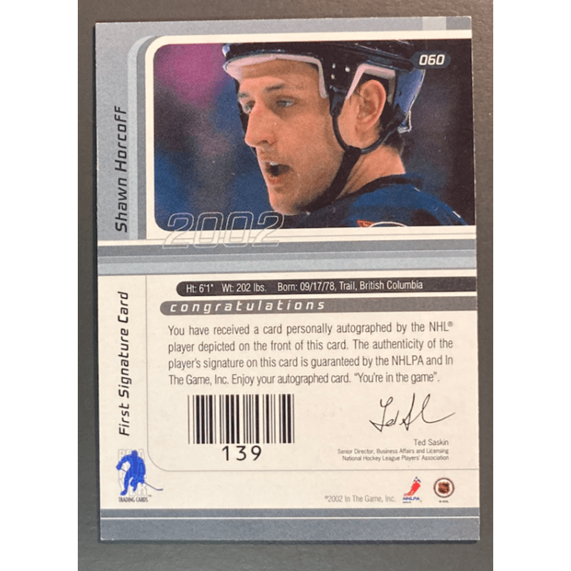 carte NHL SHAWN HORCOFF 2001-02 BAP Signature Series Autograph
