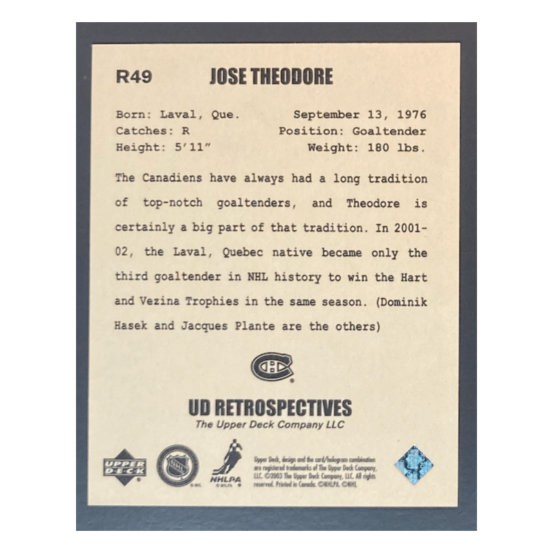 JOSE THEODORE 2002-03 UD Artistic Impressions Retrospectives - R49