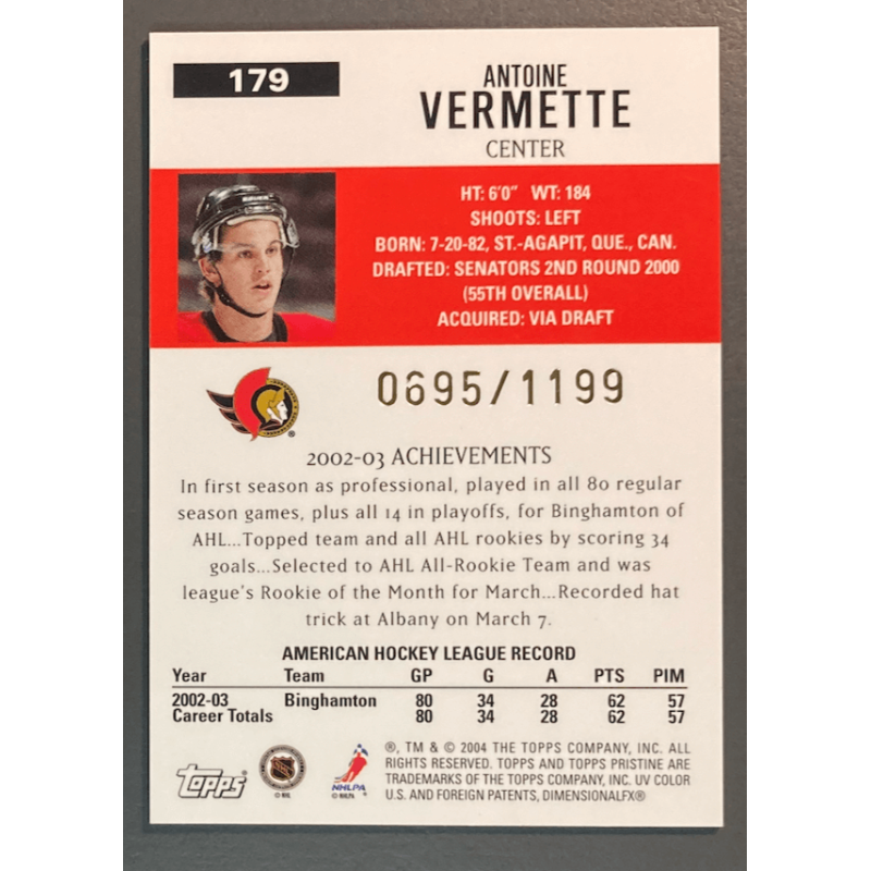 carte NHL ANTOINE VERMETTE 2003-04 Topps Pristine rookie /1199