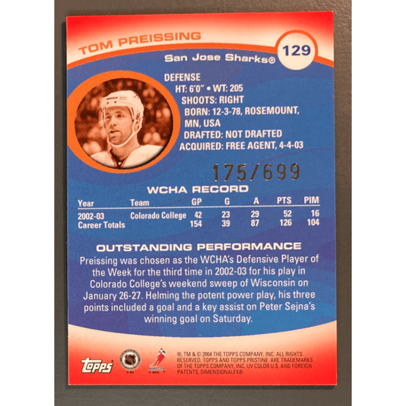 TOM PREISSING 2003-04 Topps Pristine Uncommon rookie 175/699