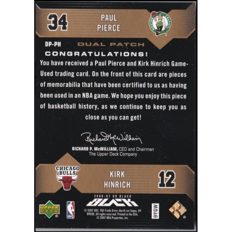 PIERCE / HINRICH 2006 UPPER DECK BLACK DUAL PATCH 08/10