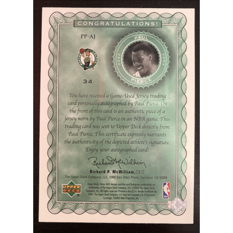 PAUL PIERCE 2002 UD HONOR ROLL AUTOGRAPH JERSEY