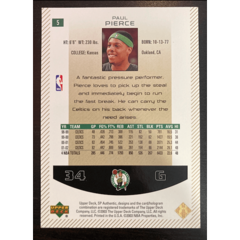 PAUL PIERCE 2002 UPPER DECK SP AUTHENTIC LIMITED 31/100