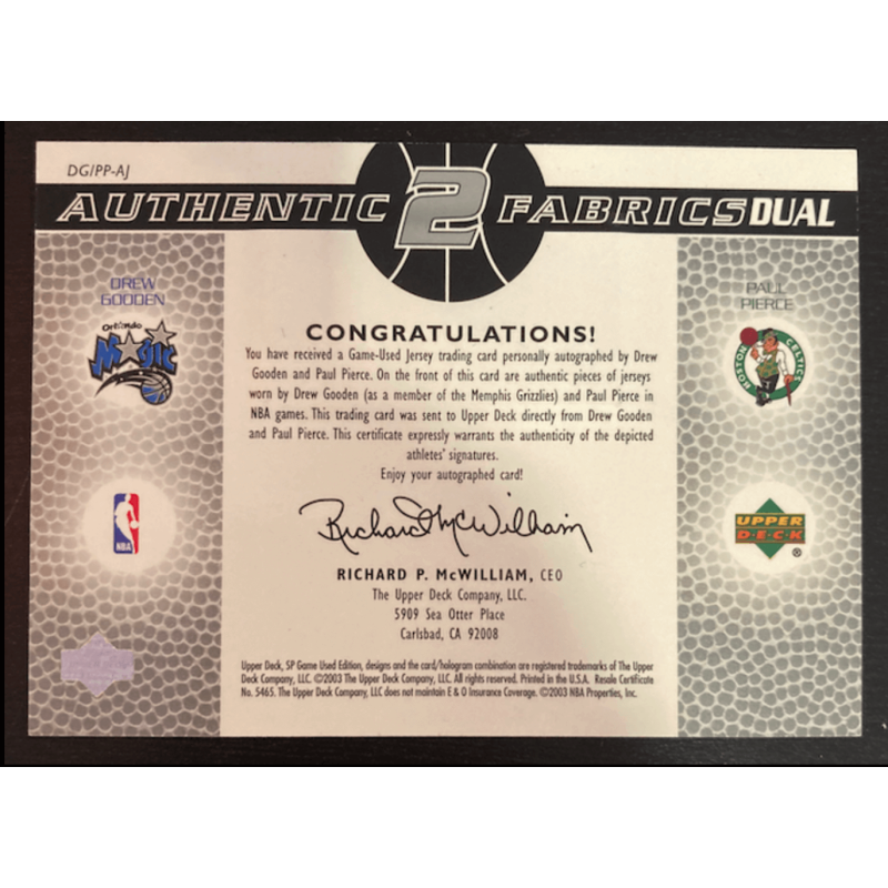 PIERCE / GOODEN 2003 SP GAME USED DUAL AUTO JERSEY /50