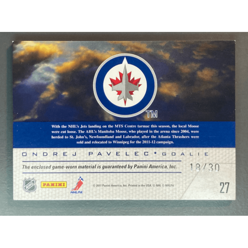 Ondrej Pavelec 2011 Pinnacle Game Night Prime Jersey 18/30