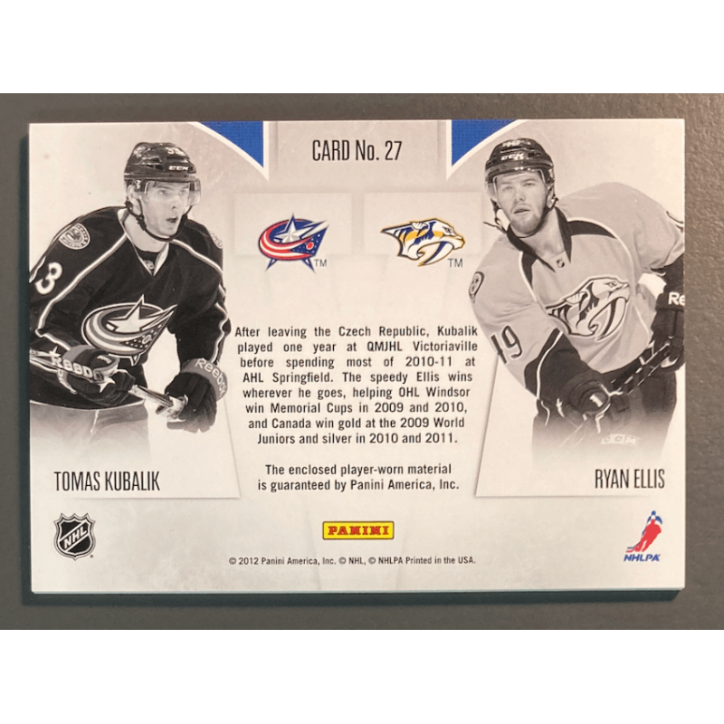 Carte NHL KUBALIK / ELLIS 2012 Panini Rookie Rivalry Dual Jersey