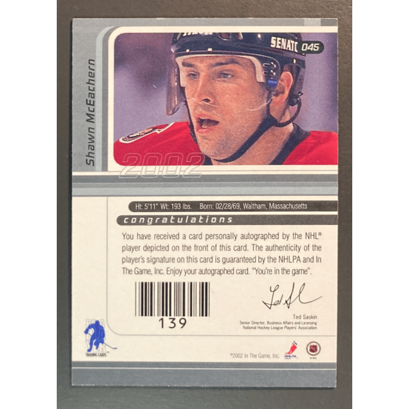 SHAWN MCEACHERN 2002 IN THE GAME AUTOGRAPH