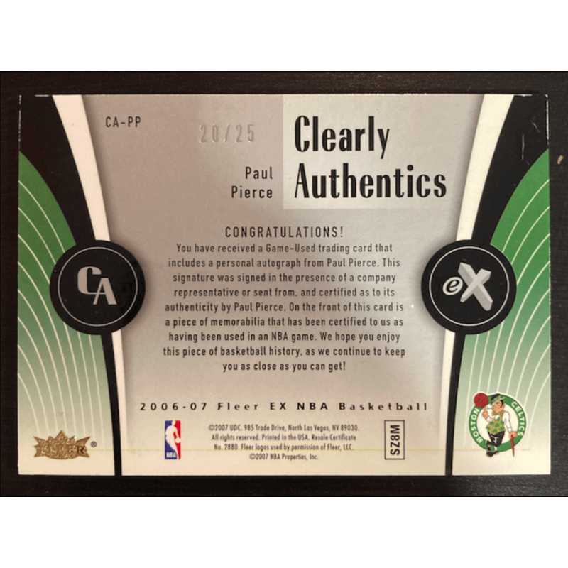 PAUL PIERCE 2006 SKYBOX EX AUTHENTICS PATCH Autograph 20/25