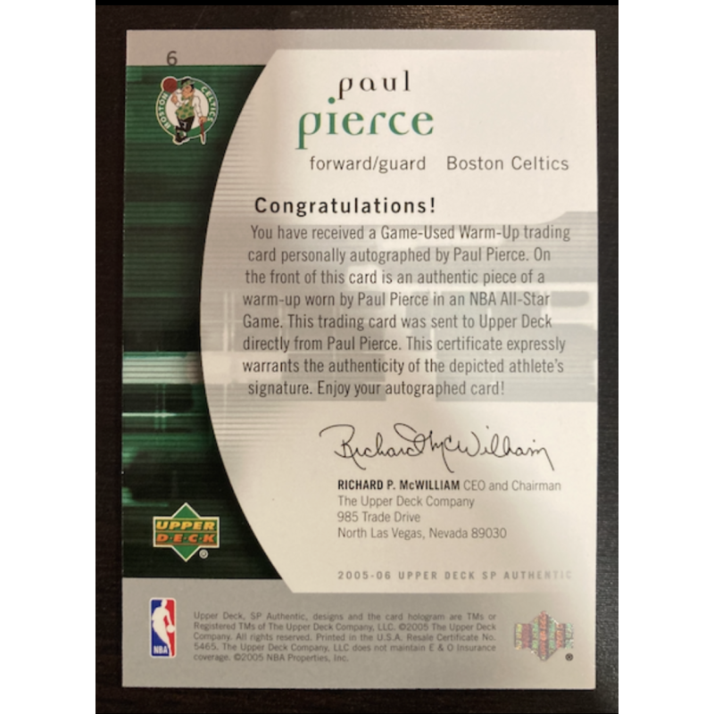 PAUL PIERCE 2005 SP AUTHENTIC WARM-UP Jersey autograph 077/100