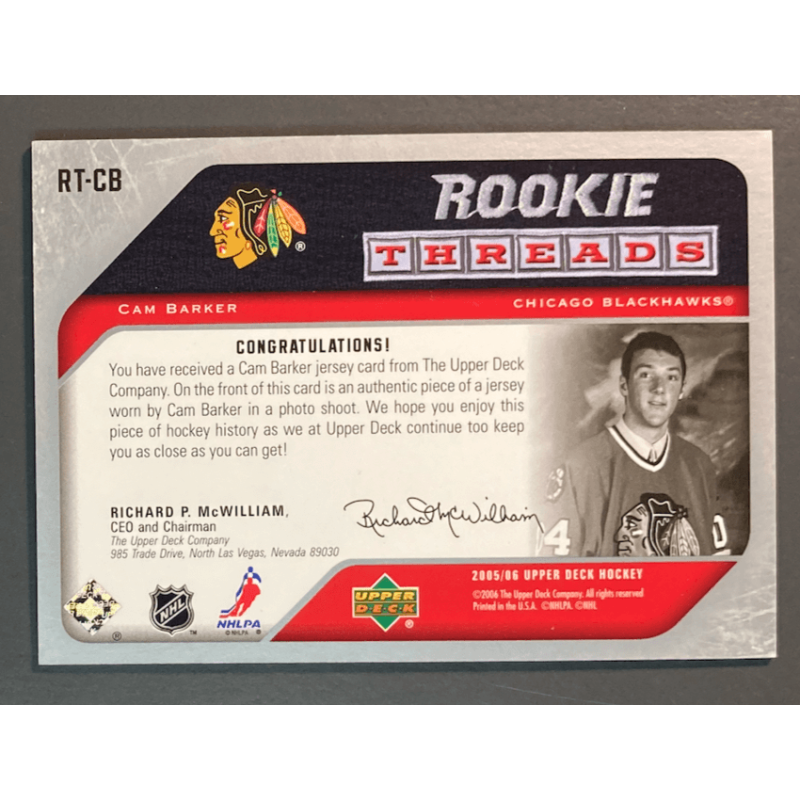 CAM BARKER 2005-06 UPPER DECK ROOKIE THREADS JERSEY