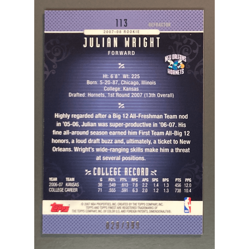 Julian Wright 2007 Topps Finest Rookie Refractor 029/399