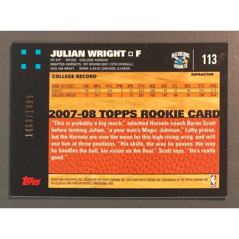 JULIAN WRIGHT 2007-08 TOPPS CHROME Rookie Refractor 1463/1499