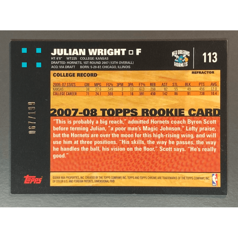 JULIAN WRIGHT 2007-08 TOPPS CHROME Rookie Orange Refractor /199