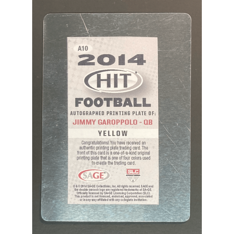 JIMMY GAROPPOLO 2014 Sage Hit Yellow Printing Plate Autograph 1/1