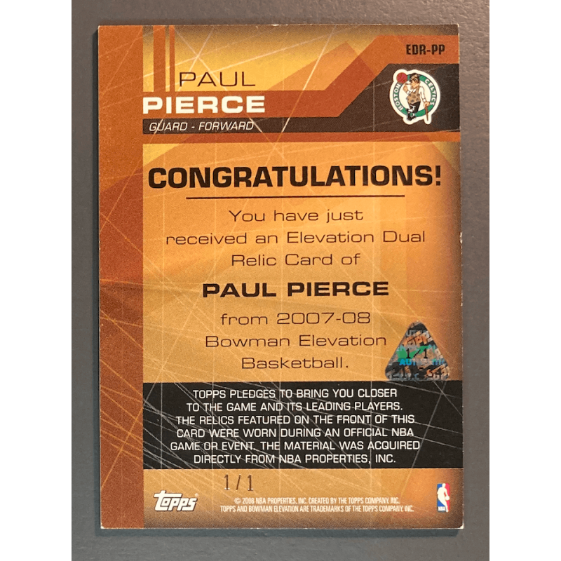 PAUL PIERCE 2007 TOPPS BOWMAN ELEVATION BLACK DUAL 1/1