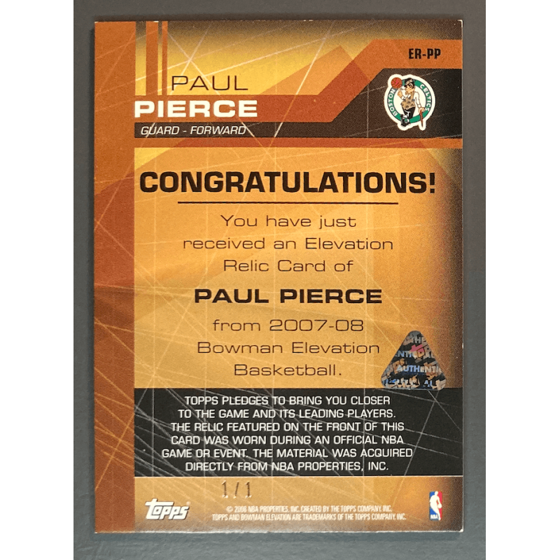 PAUL PIERCE 2007 TOPPS BOWMAN ELEVATION BLACK RELIC 1/1