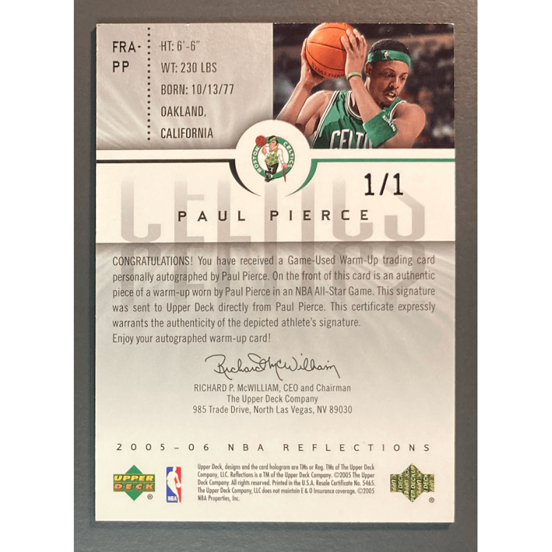 PAUL PIERCE 2006 UPPER DECK REFLECTIONS BLACK AUTO 1/1