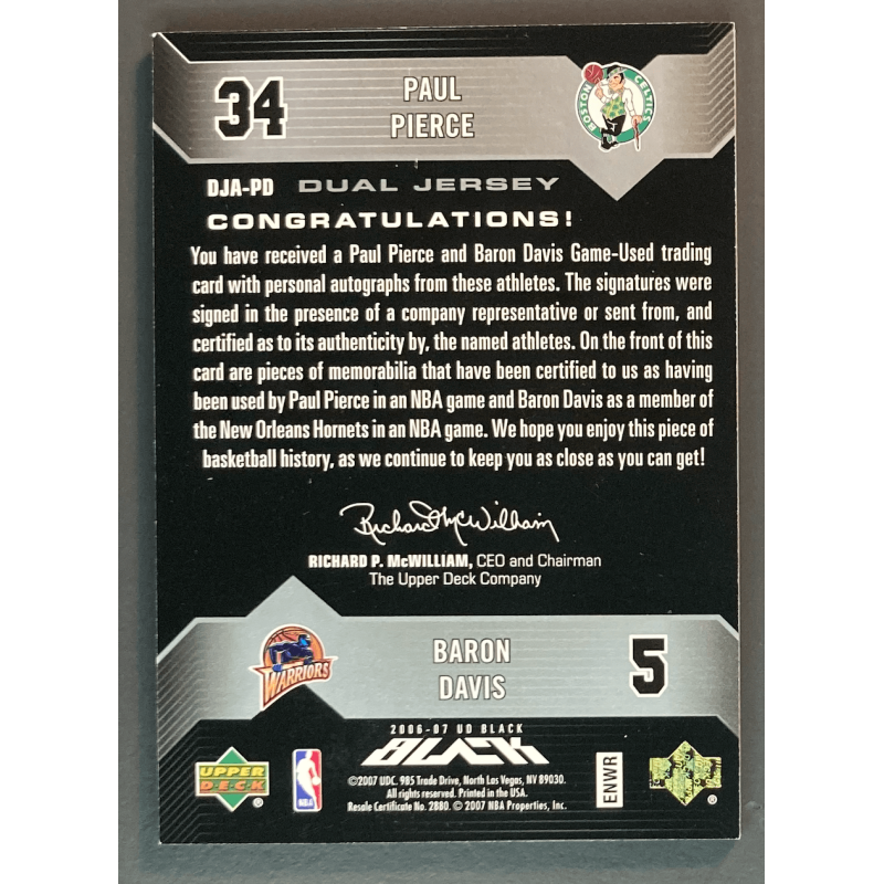 PAUL PIERCE / BARON DAVIS 2006 UD BLACK DUAL JERSEY AUTO /25