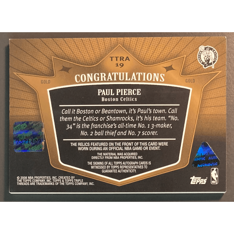 PAUL PIERCE 2007 TOPPS TRIPLE THREADS PATCH AUTO GOLD 1/1