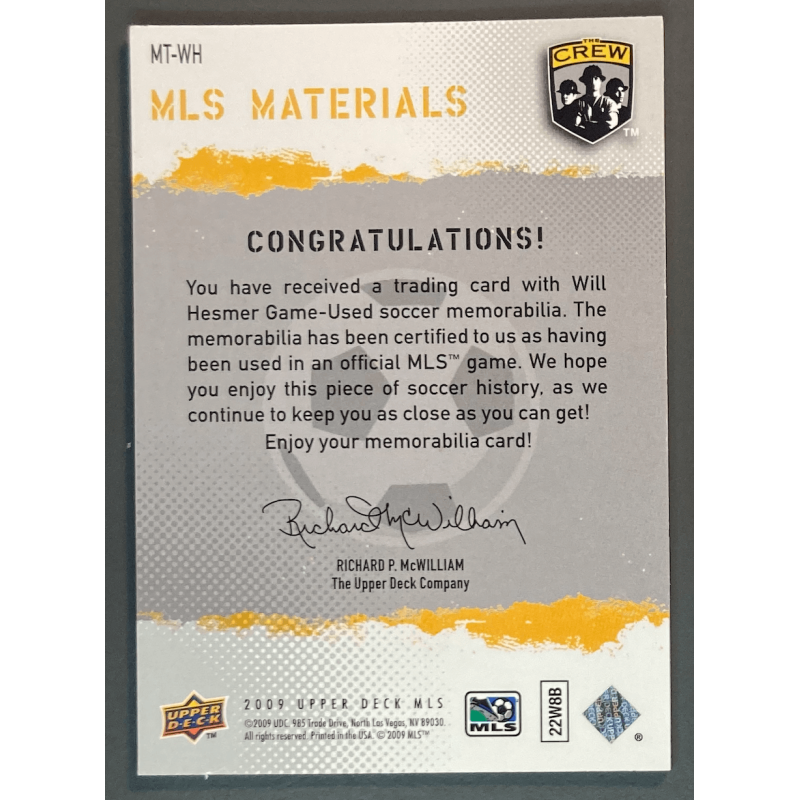 WILL HESMER 2009 Upper Deck MLS Materials - MT-WH