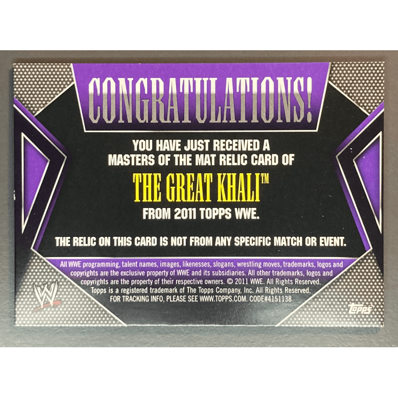 THE GREAT KHALI 2011 Topps WWE Masters of the Mat Relics