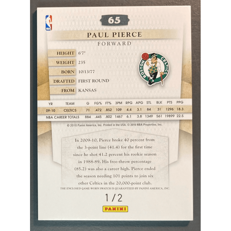 PAUL PIERCE 2010 PANINI TIMELESS TREASURES TAG Patch 1/2