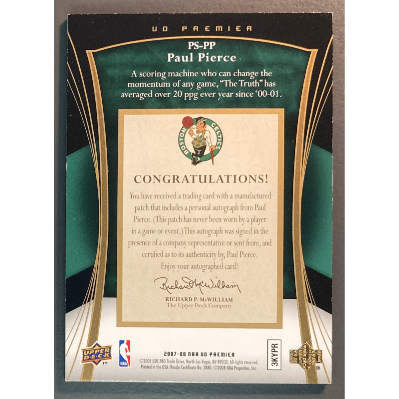 PAUL PIERCE 2007 UPPER DECK PREMIER PATCH AUTOGRAPH 1/1