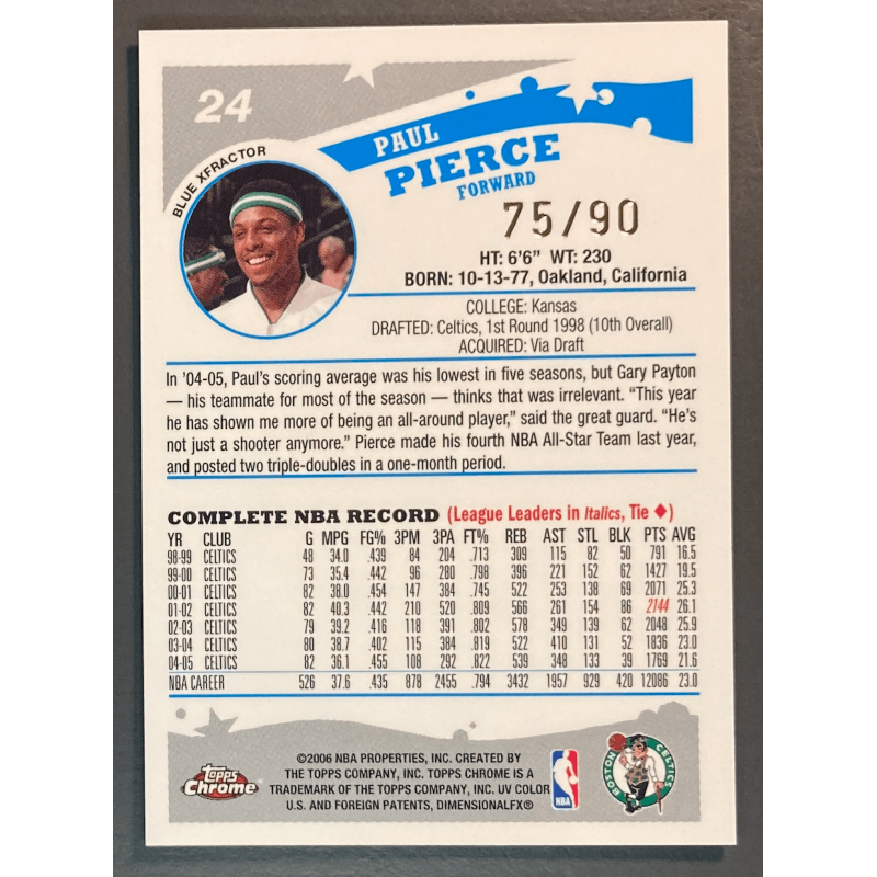 PAUL PIERCE 2005-06 Topps Chrome Blue X-Fractors 75/90