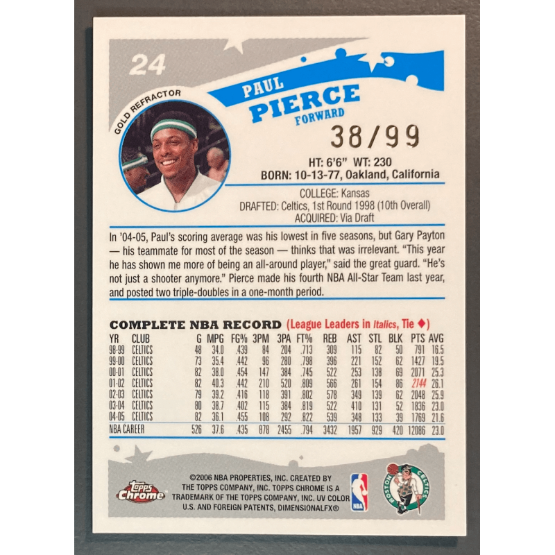PAUL PIERCE 2005-06 Topps Chrome Gold Refractor 38/99