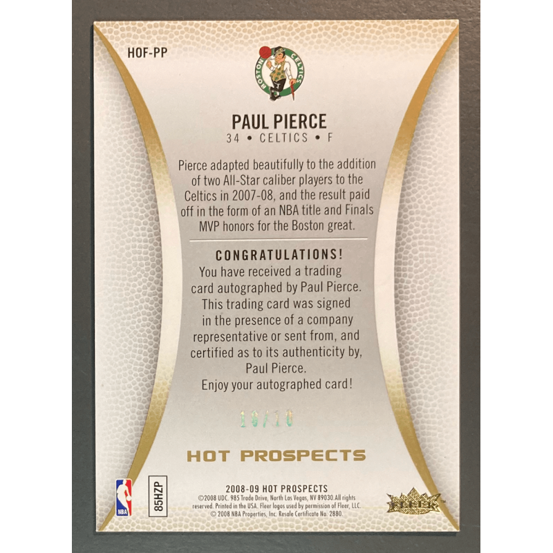PAUL PIERCE 2008 HOT PROSPECT ROAD TO SPRINGFIELD AUTO /10