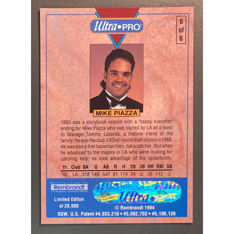 MIKE PIAZZA 1994 Rembrandt Ultra-Pro In uniform, batting 6 OF 6