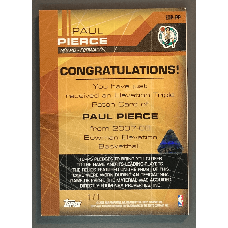 PAUL PIERCE 2007 BOWMAN ELEVATION TRIPLE PATCH BLACK 1/1